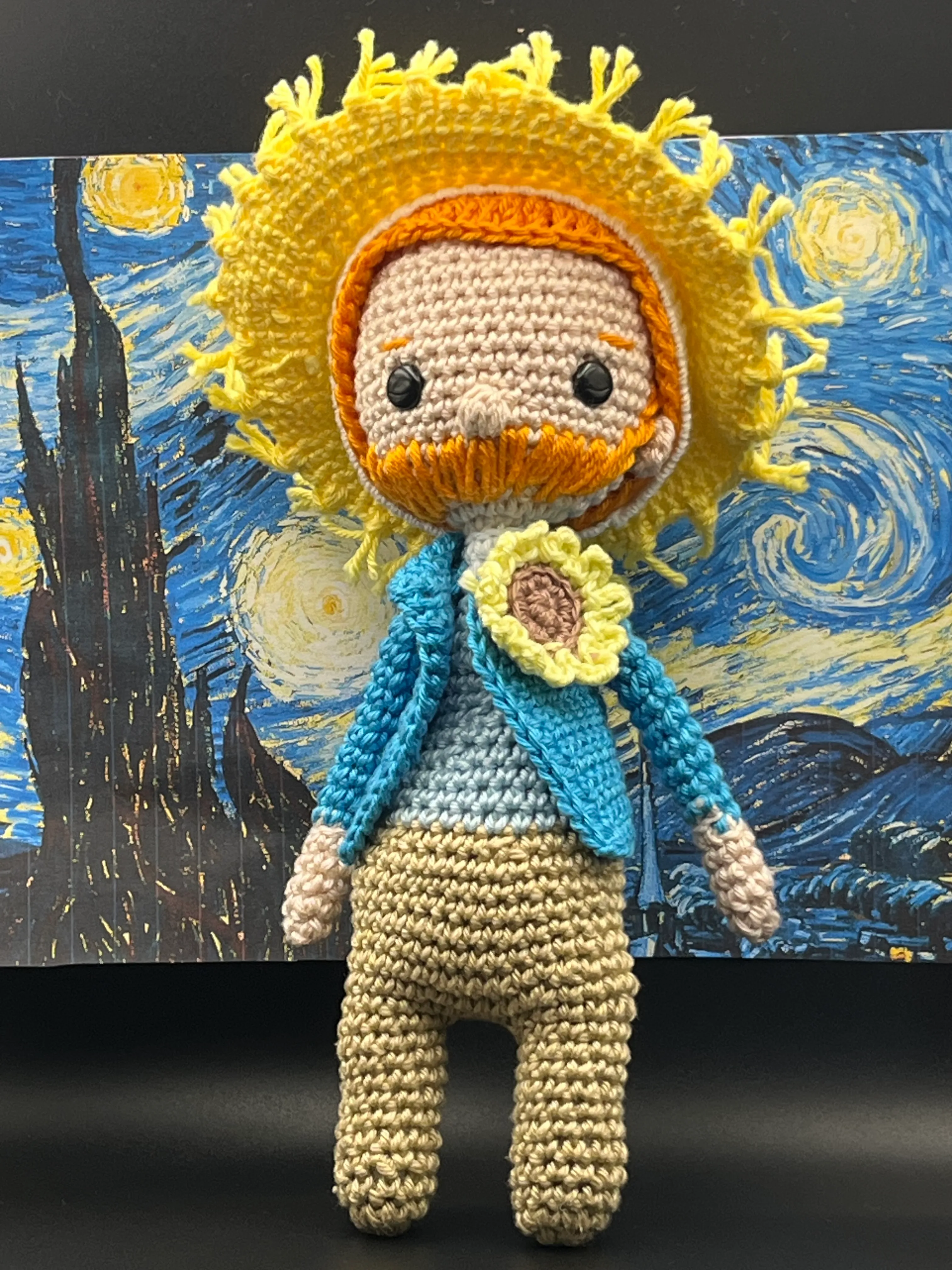 Alternate view of Van Gogh’s blue jacket and handmade sunflower