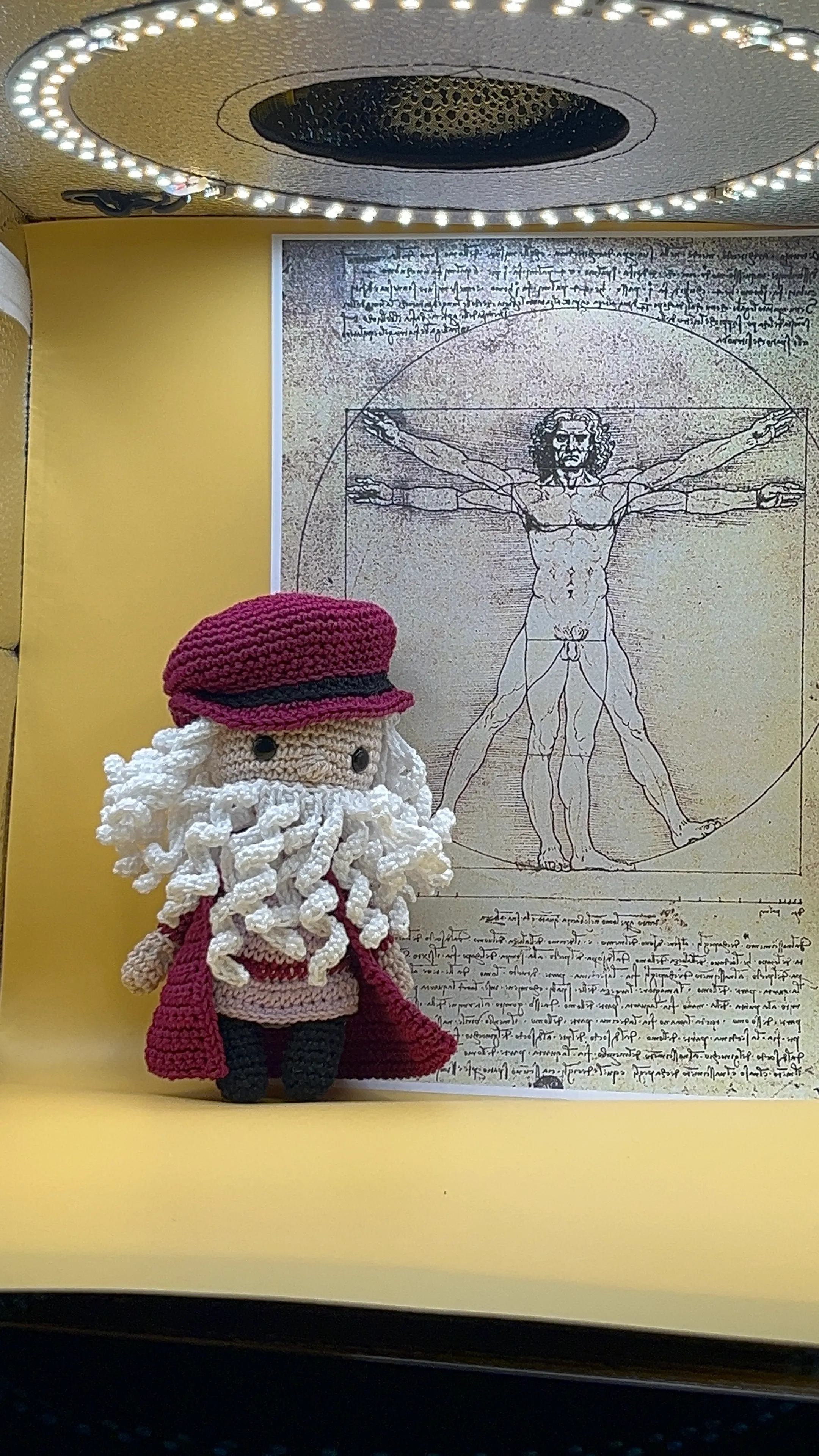 Alternate view of Leonardo’s cap and layered Renaissance clothes