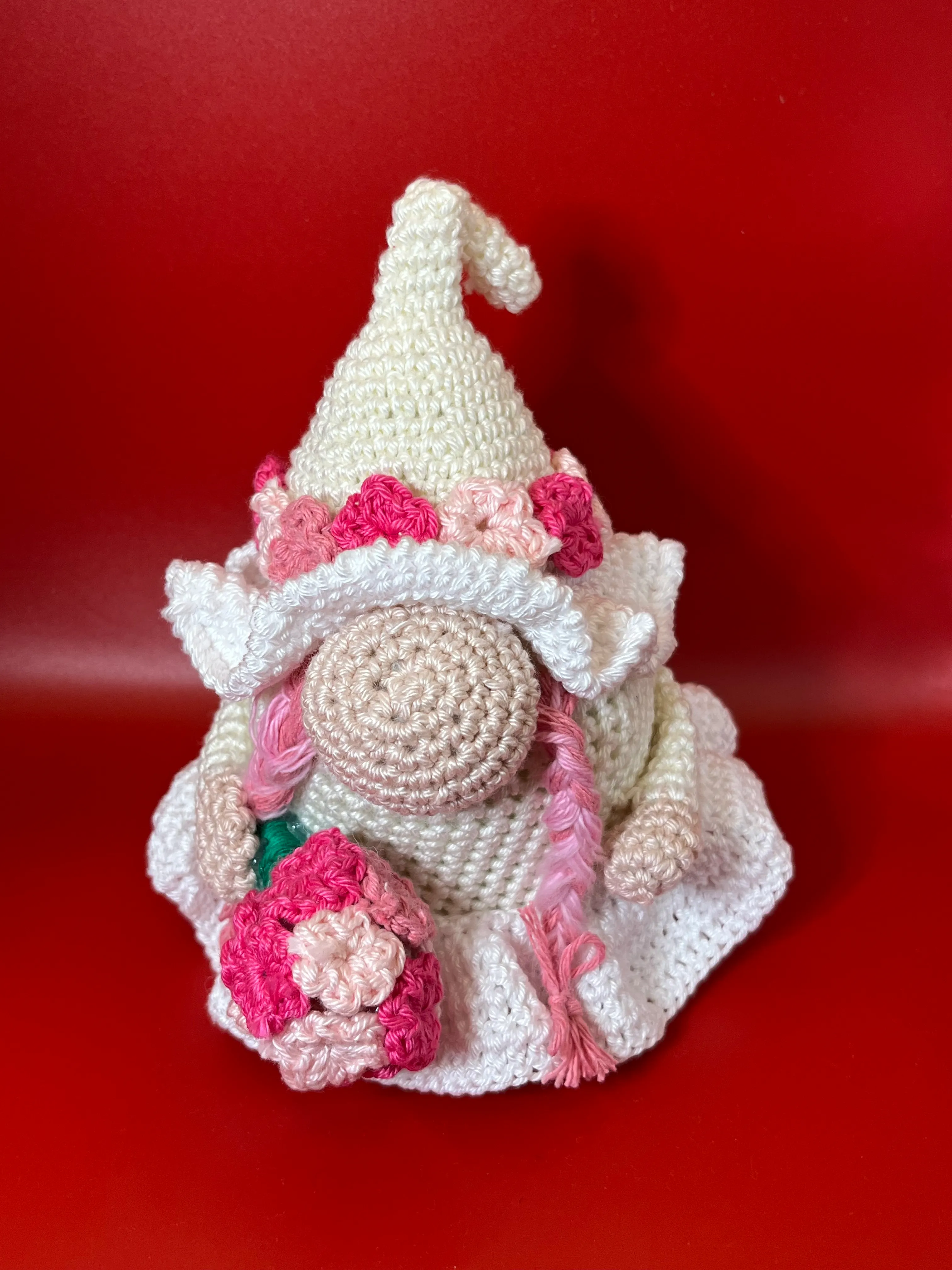 Alternate view showing the bride gnome’s long pink braids and white dress