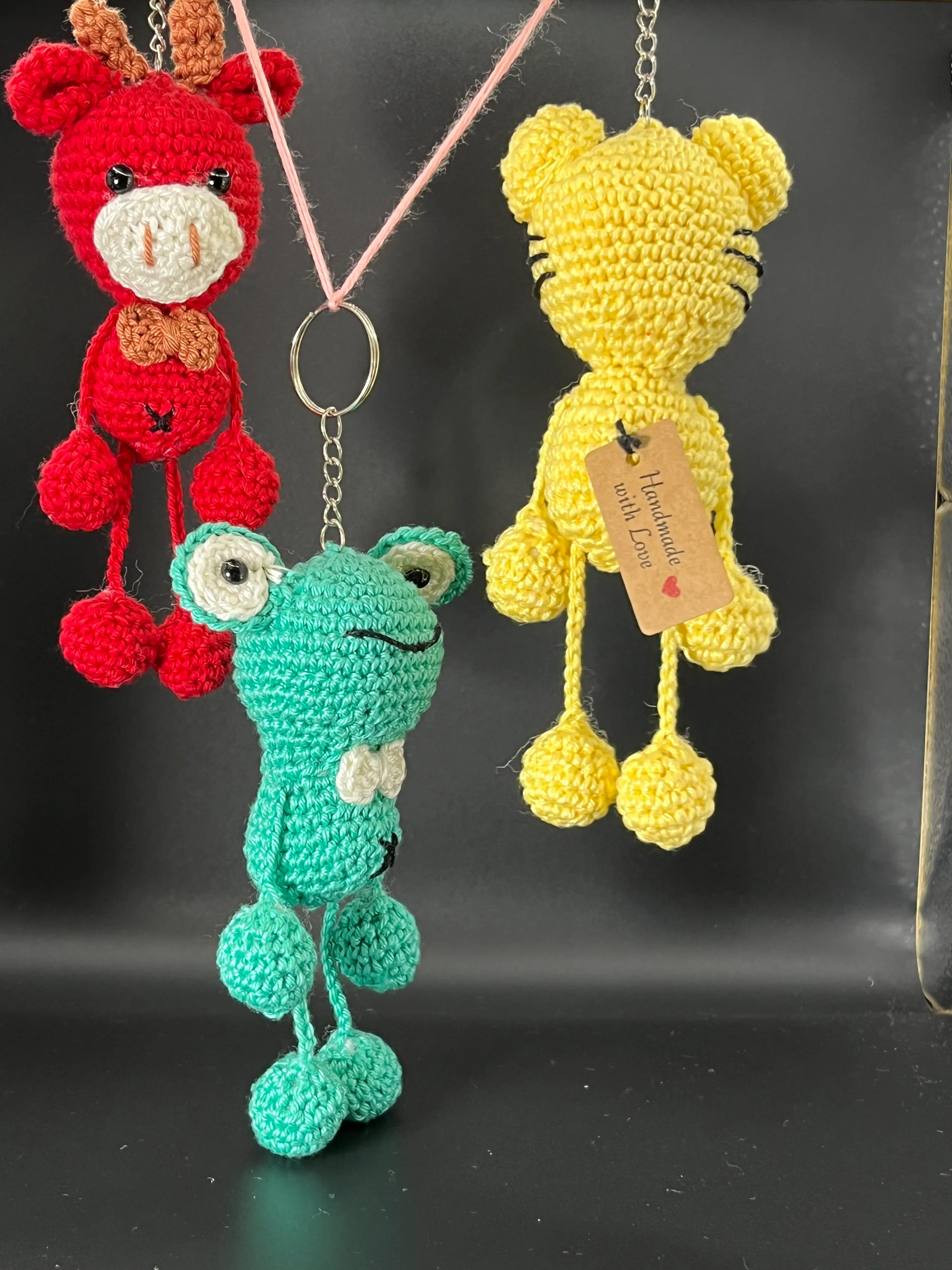 Alternate arrangement of the three handmade animal keyrings